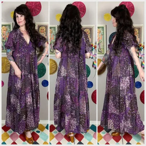 Vintage 1970s Purple Short Sleeve Tiered Gauzy Cotton Midi Dress - Picture 3 of 8
